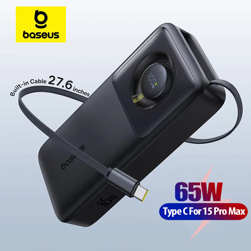 Baseus 65W Power Bank 20000mAh สายเคเบิลแบบพับเก็บได้ในตัว Type C แบตเตอรี่ภายนอกแบบพกพา PD QC สําหรับ iPhone 15 Pro Max แล็ปท็อป