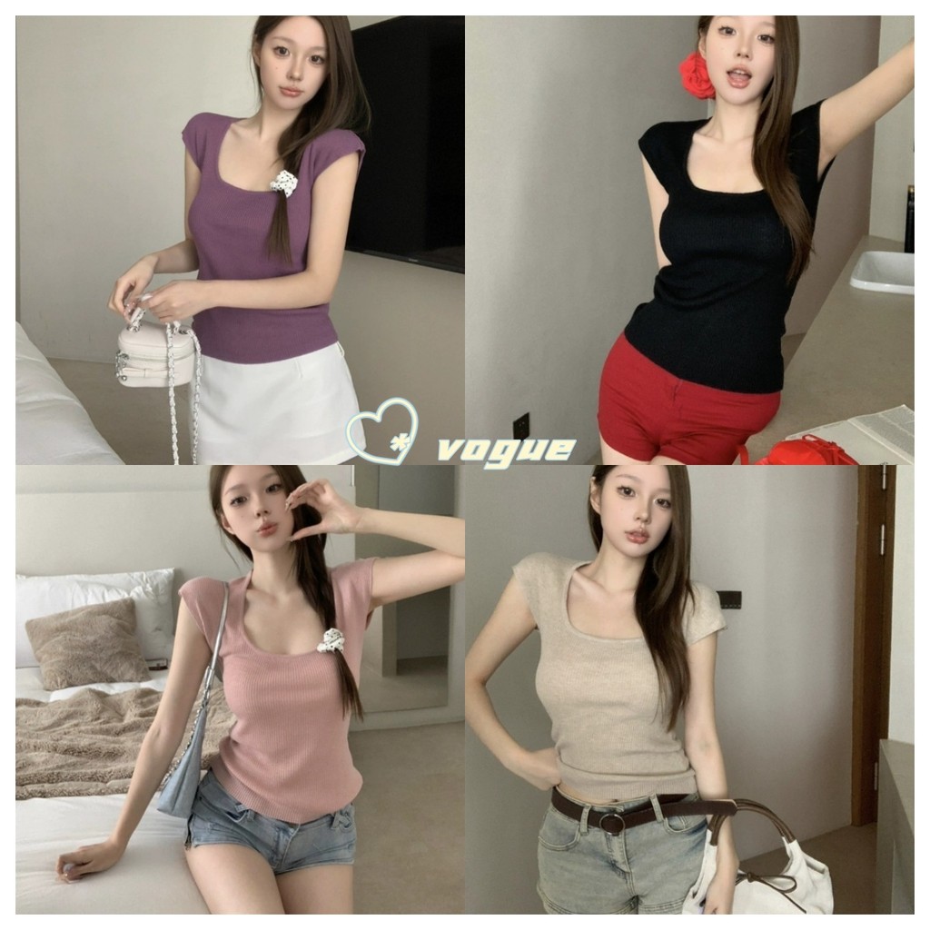 Vogue พร้อมส่ง เสื้อยืดคอเหลี่ยมแขนสั้นไหล่ขวา สีทึบสวยมาก (797)