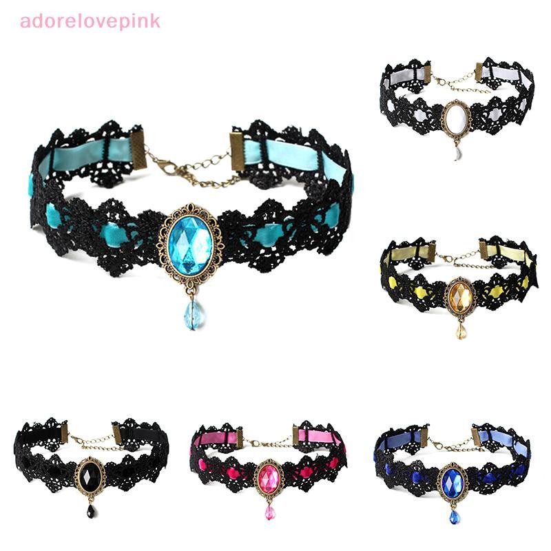 Adorelovepink สร้อยคอลูกไม้สีดําคอ Choker กํามะหยี่คริสตัล Vintage Gothic จี้ th