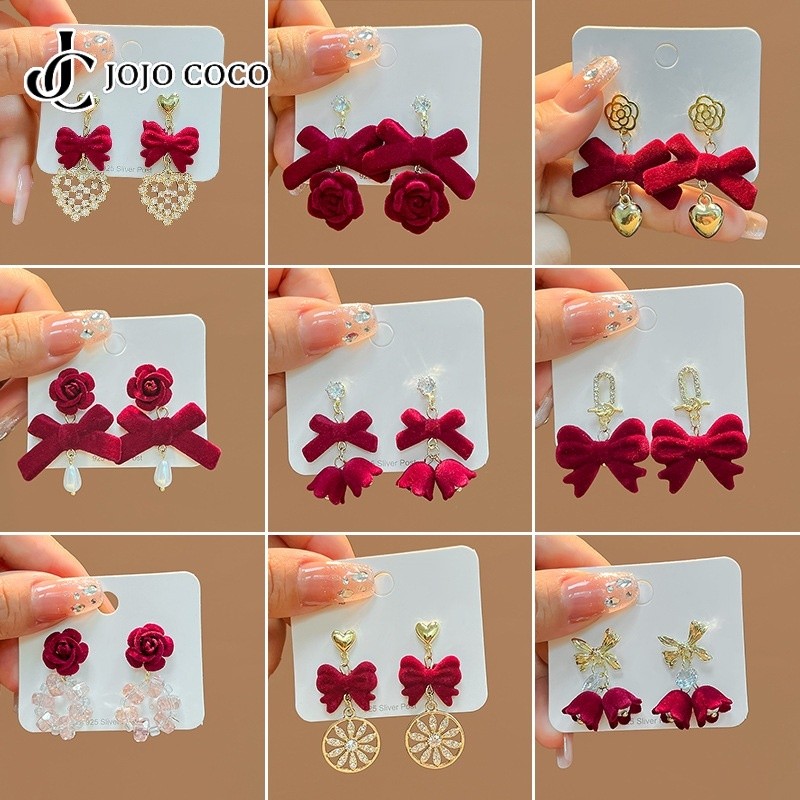 Jojo COCO Red Bow Love ต่างหูดอกไม้ต่างหูปีใหม่ของผู้หญิง