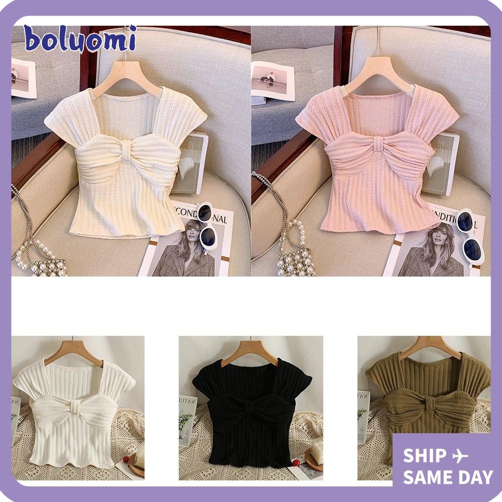 เสื้อยืดผู้หญิง BOLUOMI, Square Collar Slim-fit แขนสั้น, คุณภาพสูงขนาดเล็ก Niche สีทึบ Breathable Bow Knot เสื้อผ้า