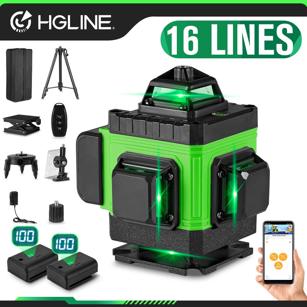 Hgline 16 Lines ระดับเลเซอร์พร้อมขาตั้งกล้อง 1.2 ม. ชุดกระเป๋าผ้าขนาดใหญ่ 360° จอแสดงผลดิจิตอลแบตเตอรี่แนวนอนและแนวตั้งพร้อมรีโมท APP