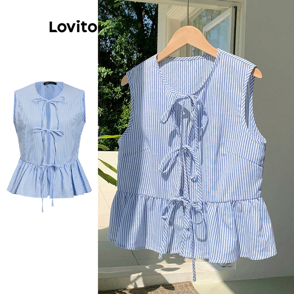Lovito เสื้อเชิ้ตผู้หญิงลายโบโฮลายลูกไม้ขึ้นเสื้อกุ๊นสำหรับผู้หญิง L100MD355