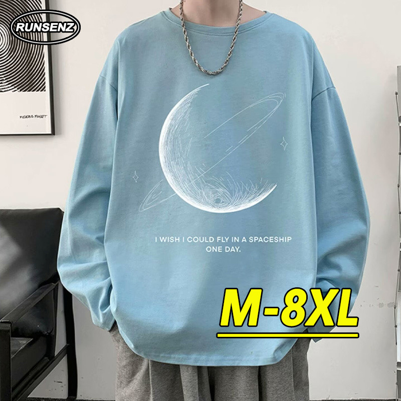 M-8xl แฟชั่นเกาหลีสีชมพูผู้ชายขนาดบวกเสื้อยืดแขนยาวลําลองหลวมเสื้อยืดขนาดใหญ่