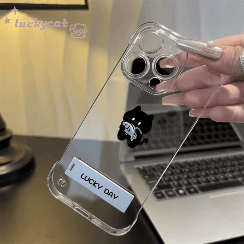 Iphone 16 15 14 13 12 11 Pro Max X Xr Xs Max 7 8 Plus SE2020 เคสโทรศัพท์ Simple Fresh Ceat ปลาแมวดํา + ขาตั้งโลหะปกแข็ง