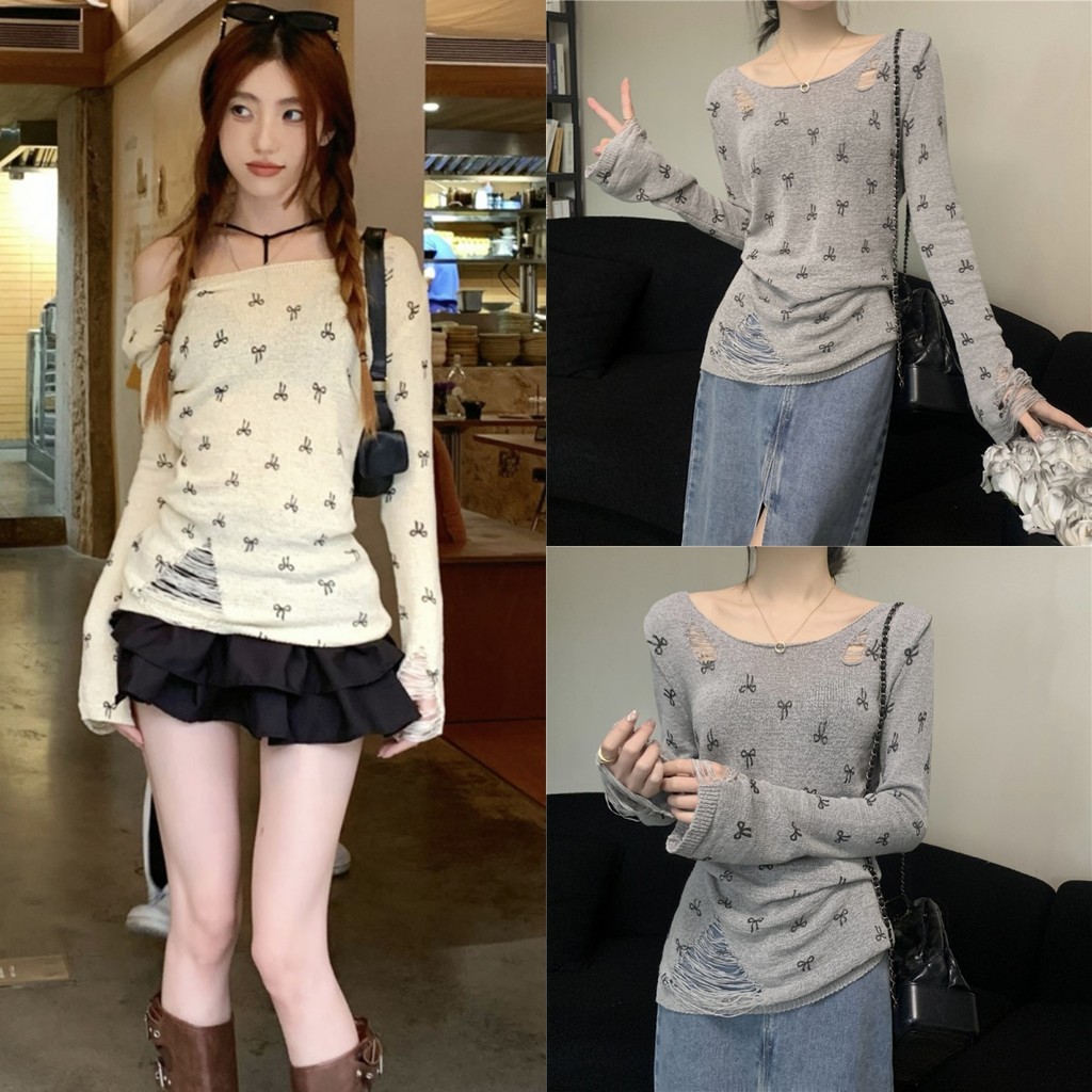 🌻Anne🌻เสื้อยืดผู้หญิง ไหมพรม คอกลม ดีเทลซีทรู ลายโบว์ เข้ารูป🦋เสื้อยืดแขนยาว สไตล์ลำลอง ใส่สบาย แฟชั