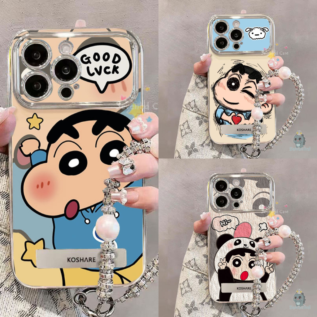 สําหรับ iPhone 11 16 15 14 13 12 Pro Xr X Xs Max 7 8 6Plus การ์ตูน Crayon Shin-Chan Series เคสโทรศัพท์ + วงเล็บ + เชือกเส้นเล็กหรูหราคมชัดหน้าต่างกันกระแทกปลอกป้องกันปกหลัง