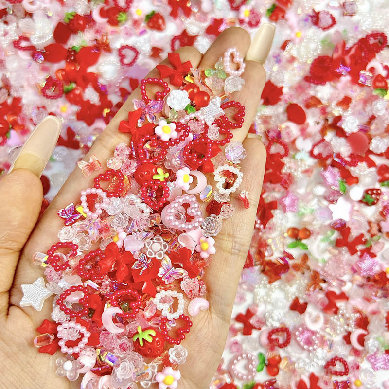 100 ชิ้น 3D สีสันผสมสตรอเบอร์รี่ดอกไม้เล็บ Charms หวานเรซิ่น Flatback Moon Nail Art อุปกรณ์ตกแต่ง
