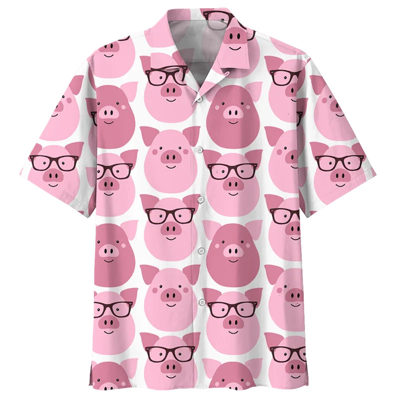 การ์ตูนหมูลายเสื้อฮาวายสําหรับชาย 3ง พิมพ์สัตว์แขนสั้นฤดูร้อนปกเสื้อขนาดใหญ่ถนนปุ่มเสื้อ