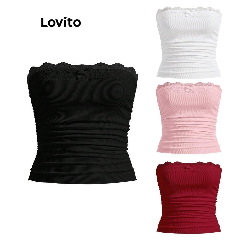 ซื้อ Lovito เสื้อเกาะอกผู้หญิง แต่งลูกไม้ สีพื้น น่ารัก LNE59283