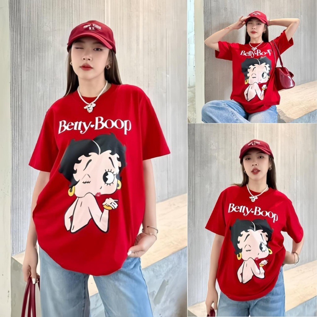 ปกติ 𝑨𝒍𝒊𝒄𝒆 เสื้อยืดโอเว่อไซส์ งานป้าย เสื้อยืดสีแดง ลาย BETTY BOOP ใช้ผ้าคอตตอน อย่างดี งานนำเข้าเกาหลีS-5XL