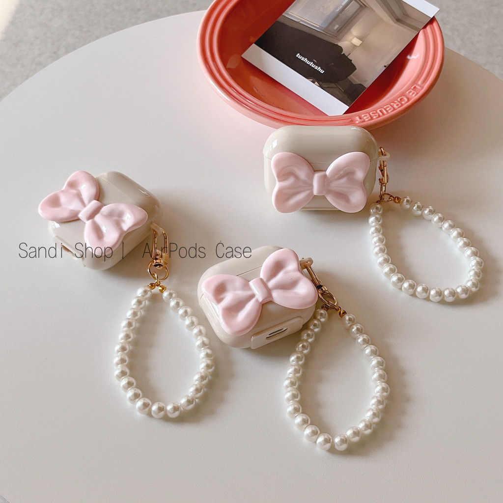 Simple โบว์สีชมพู AirPods Pro3 กรณี สําหรับ 4/4anc 1/2/3/Pro AirPods Pro2 กรณี AirPods 3 TPU Soft Apple ชุดหูฟังบลูทูธไร้สาย Anti drop พร้อม Pearl