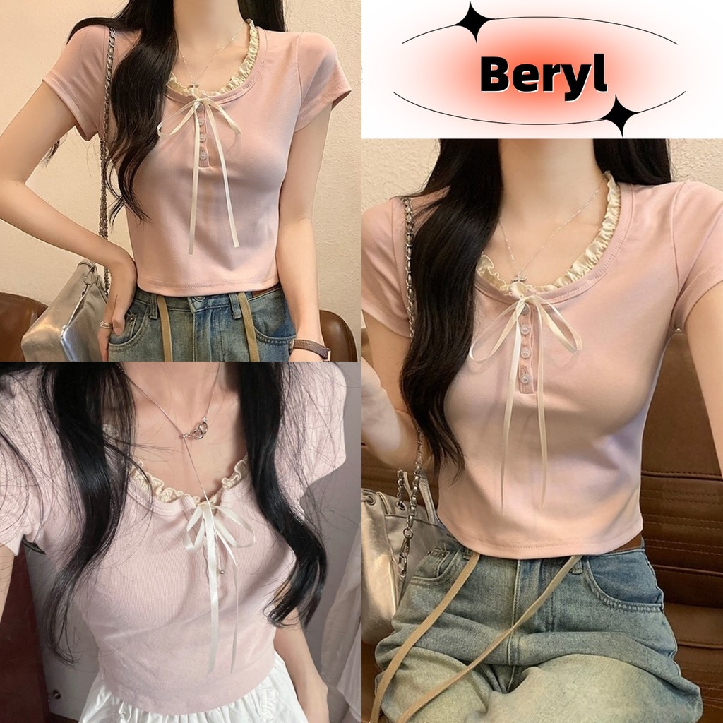 Beryl 🌻 เสื้อยืดแขนสั้นสีชมพูสไตล์บัลเล่ต์สำหรับผู้หญิงที่มีเสื้อแขนสั้นทรงเข้ารูปเก๋ไก๋หวานและเผ็ดร้อน