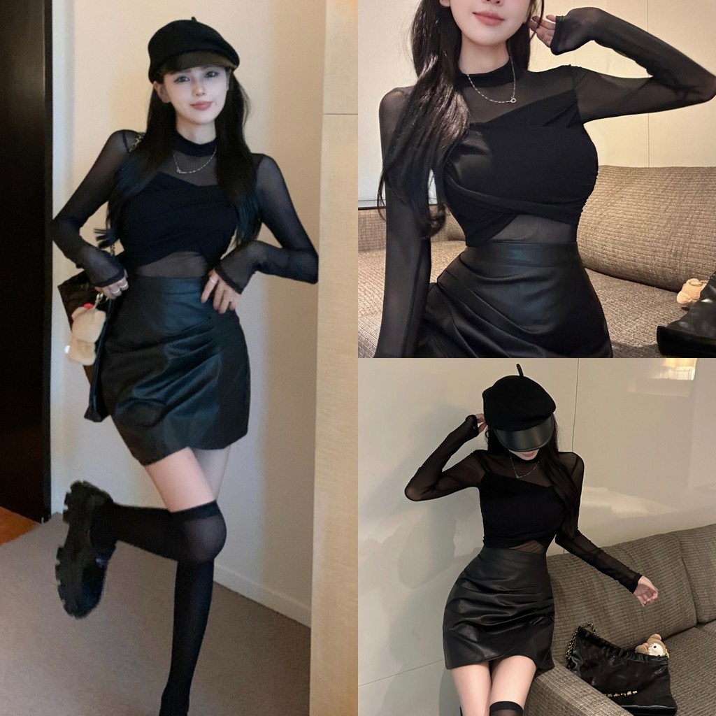 💜Bonnie💜​เสื้อแขนยาว ผู้หญิง คอกลม เกาหลีสไตล์ ดีเทลแต่งซีทรูบางเบาสีดำ เท่มีสไตล์ ส่งไวจากไทย#FY250