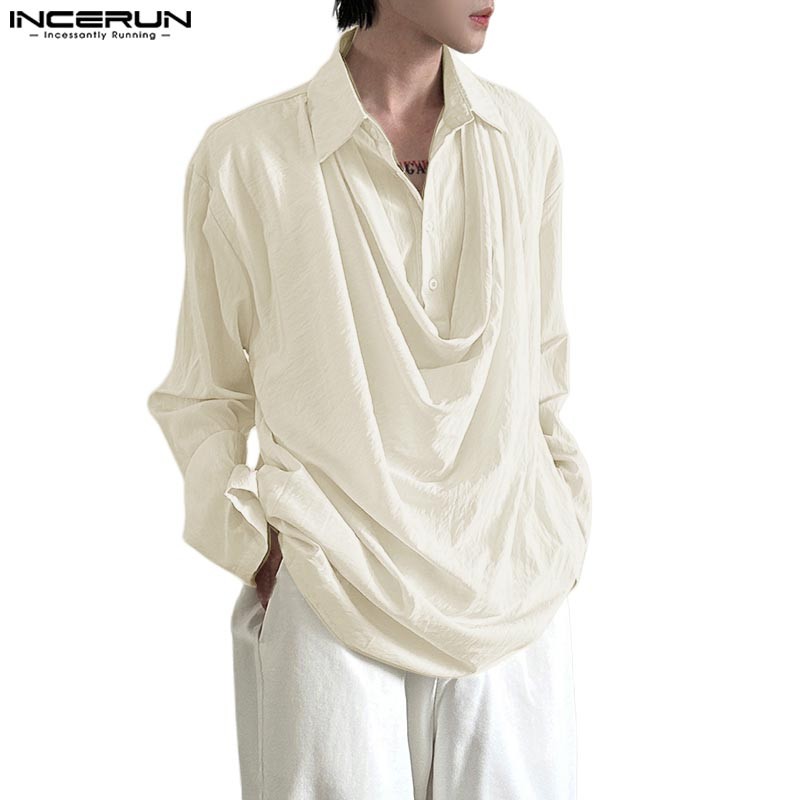 Incerun เสื้อเชิ้ตสีทึบคอสวิงลําลองเกาหลีสําหรับผู้ชาย