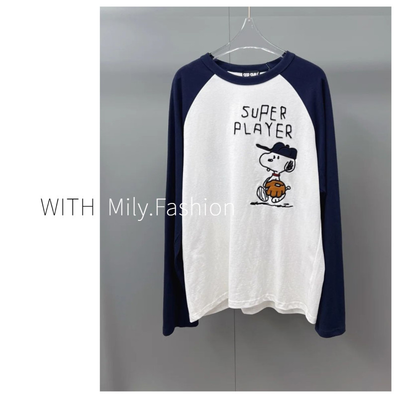 Milyfashion เสื้อยืดแขนยาวเย็บพิมพ์ลายลายสนูปปี้ผู้หญิงเสื้อ Raglan