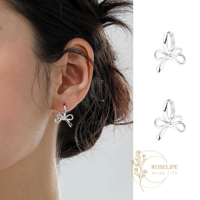 Roselife 1 คู่ S925 Silver Ribbon Bowknot Hoop ต่างหูสําหรับผู้หญิงสาวแฟชั่นโบว์ต่างหูทรงกลม