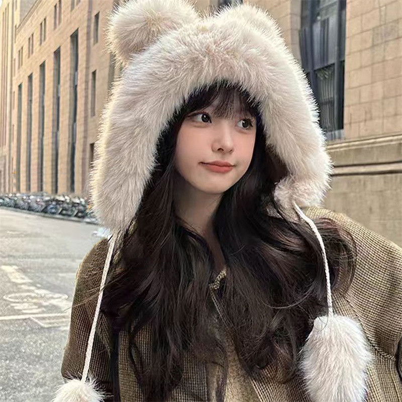 Fluffy Fur หมวกป้องกันหูสําหรับผู้หญิงฤดูหนาว Plush หมวกชาวประมง Windproof Warm หมีน่ารัก Earmuffs หมวก