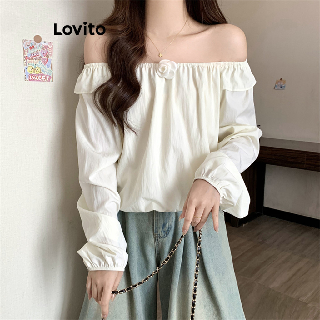Lovito เสื้อเบลาส์จับจีบไหล่สำหรับผู้หญิงน่ารัก L106AD959