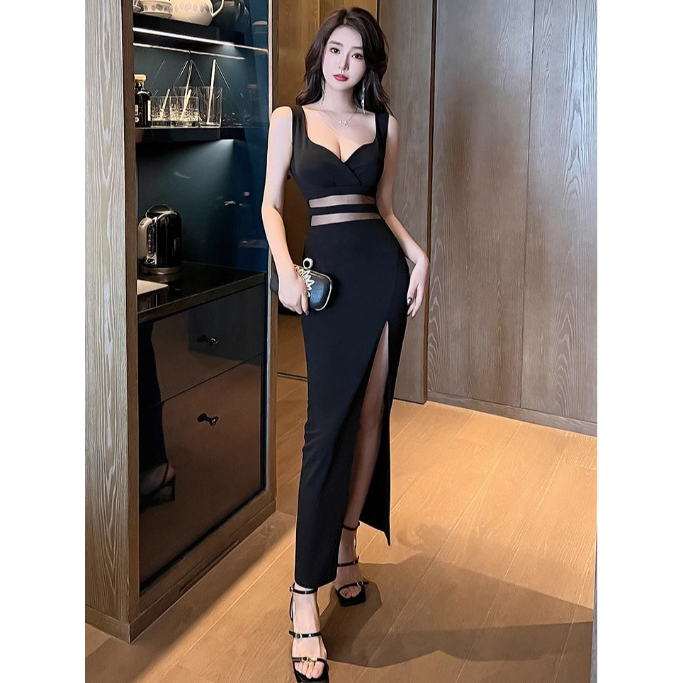 ชุดเดรสสายเดี่ยวคอกว้างเอวสูงผ้าตาข่ายแต่งระบายลูกไม้เซ็กซี่สไตล์ไนท์คลับฝรั่งเศสสำหรับผู้หญิง