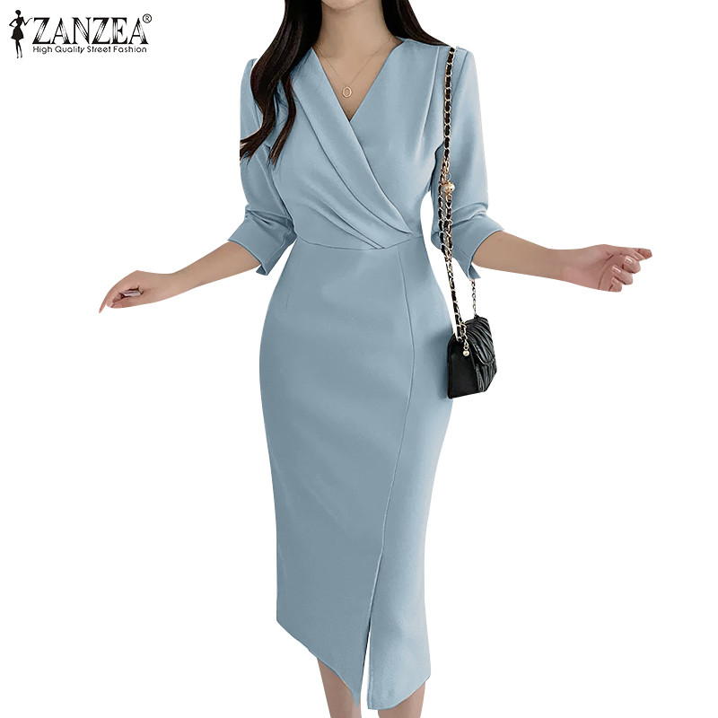 ZANZEA ซานเซีย ผู้หญิงแฟชั่นเกาหลีข้ามคอวีจีบชุดสีทึบบาง