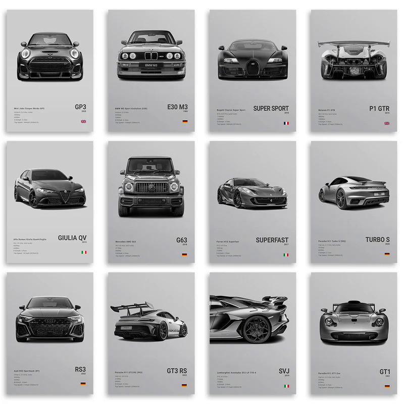 Famous Cars R8 RS3 M3 M5 Canvas Wall Art Print Poster G63 AMG F40 STO Decorative Mural Modern Home D