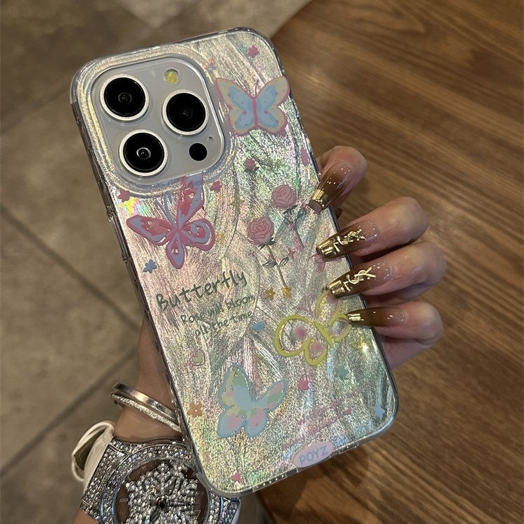 เคสไอโฟน16 15 14 13 12 11 Pro Max Case Small pink butterfly เลเซอร์ ซิลิโคน Compatible เคส iPhone X/XS, XR,7+,8Plus