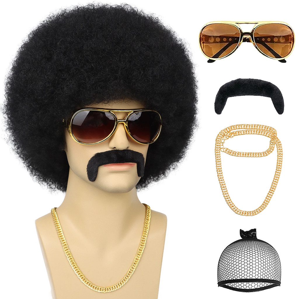 สังเคราะห์ 70S ผู้ชายs Afro วิกผมสําหรับ Disco Party 5pcsSet สีดํา Hippie Afro Curly Retro Disco