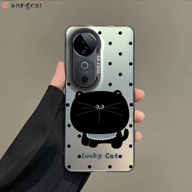 สําหรับ Vivo V40 V30 V29 Lite V27 V25 Pro V30e V29e V27e V25e 5G โทรศัพท์กรณีน่ารัก Lucky Black Cat การ์ตูนเงินสีขาวหรูหราเลเซอร์ Matte Frosted นุ่มปลอกกรณีปกหลัง