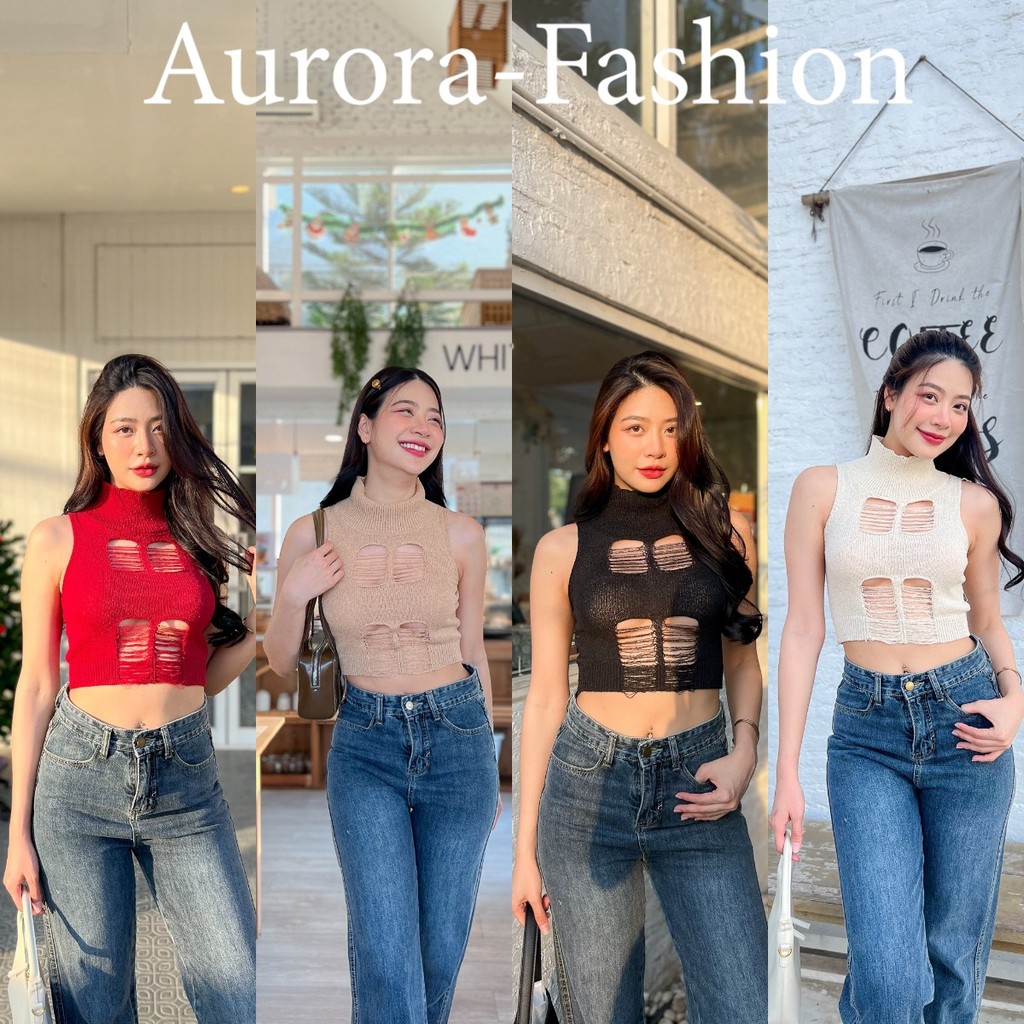Aurora - fashion พร้อมส่ง (W391) เสื้อกล้ามไหมพรม คอเต่า ผ้าถัก แขนกุด ดีเทลขาดๆเซ็กซี่ แฟชั่นฤดูร้อน