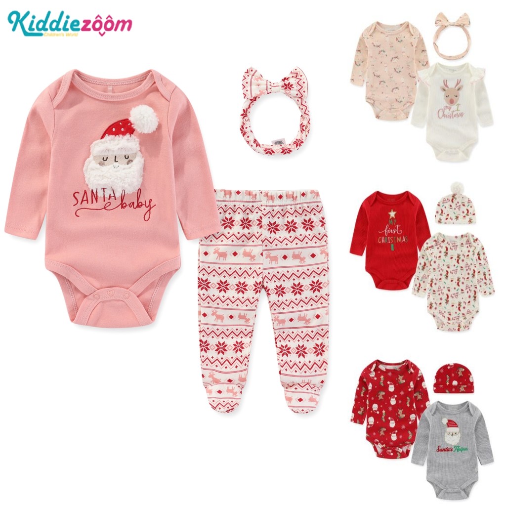 Kiddiezoom ชุดคริสต์มาสสําหรับเด็กผู้หญิง Santa Claus Elk Boy ชุดจั๊มสูทสีแดงหมวกเครื่องประดับผมเสื้อผ้าฝ้ายทารกแรกเกิด