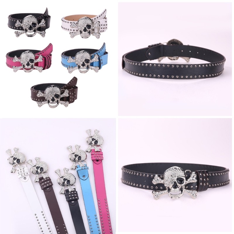 เข็มขัดคาดเอว Cutie Girl พร้อม Rhinestones Skull Buckle เข็มขัด PU สําหรับปรับความยาว