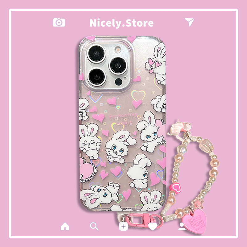 Kawaii หัวใจสีชมพูรูปคลื่นกระต่ายโซ่เคสโทรศัพท์สําหรับ iPhone 16 15 14 13 Pro Max iPhone16 15Promax IMD Big Hole Protection Case Cover