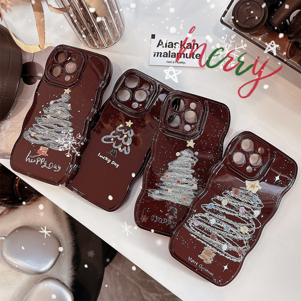 ขอบหยักไวน์แดงสีต้นคริสต์มาสเคสโทรศัพท์ป้องกันtpuสําหรับapple iphone 11 12 13 14 15 16 pro max plus