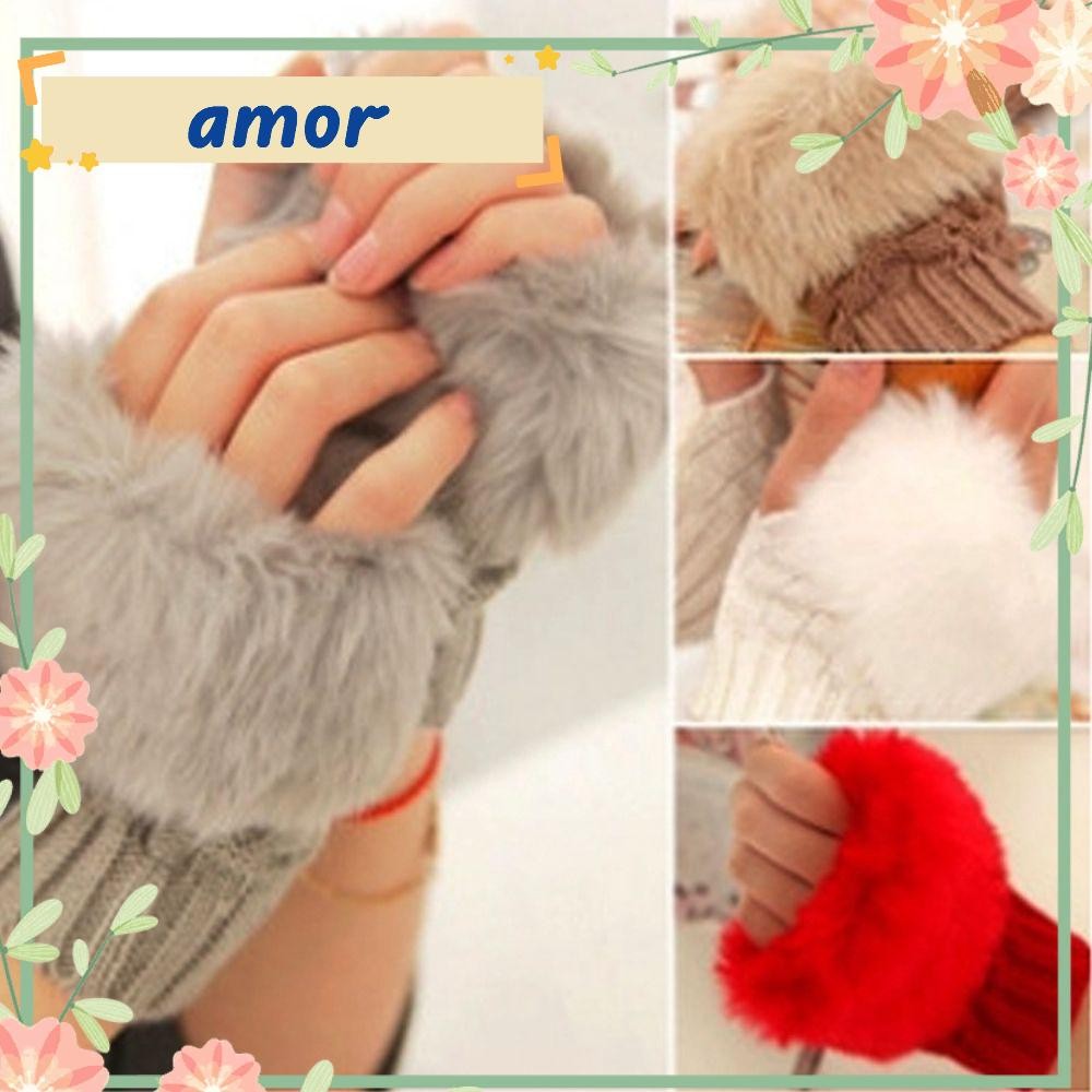 Amor12 ถุงมือข้อมือขนสัตว์แกะอบอุ่นฤดูหนาวฤดูใบไม้ร่วงขนกระต่าย Faux