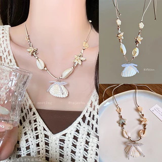 สร้อยคอพร้อมจี้ necklace สีโดพามีน เปลือกหอยและปลาดาว ลูกปัดสี แฟชั่นหวานๆ ส่งเร็วS1292