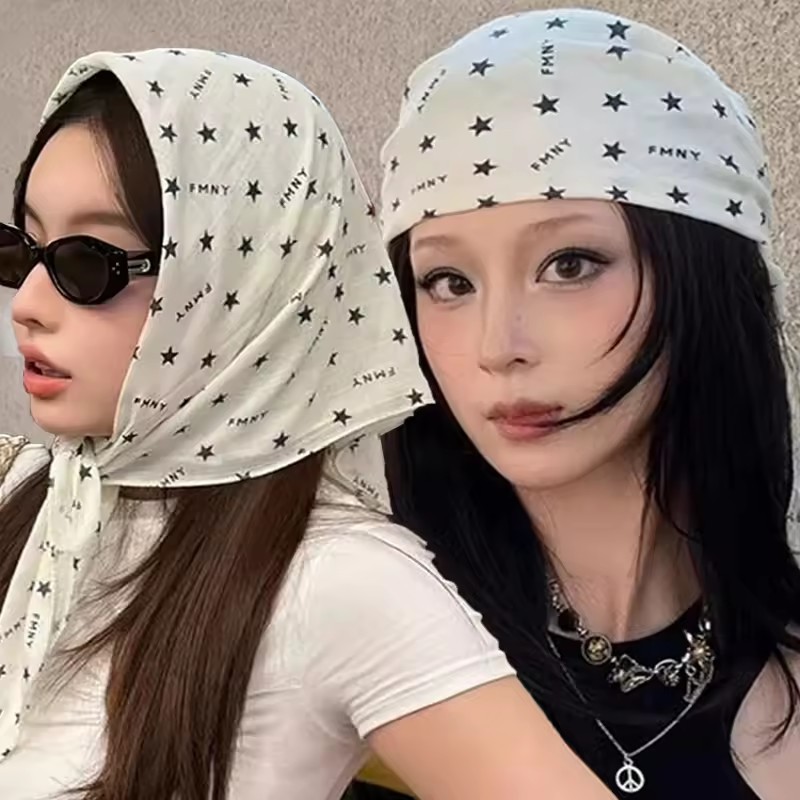 ผ้าโพกศีรษะแฟชั่น Y2K Star - พิมพ์สี่เหลี่ยม breathable สำหรับฤดูร้อน พร้อมสไตล์Hip Hop