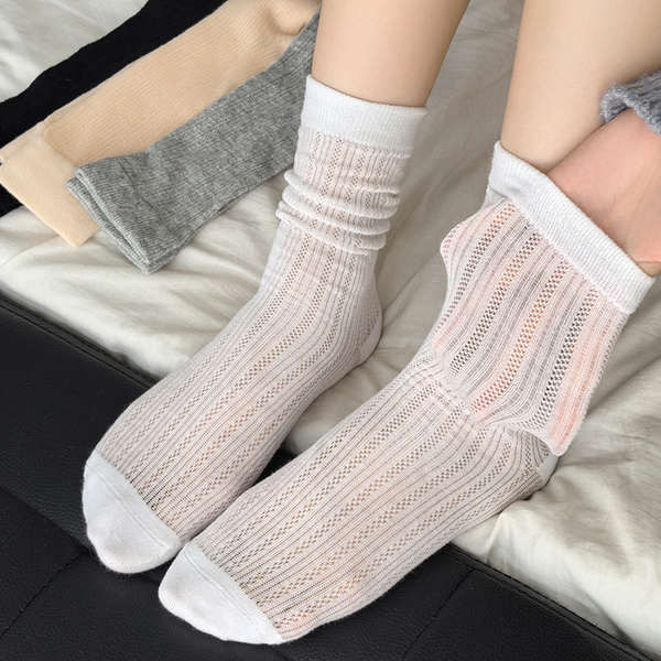 personal best ถุงเท้า ถุงเท้ายาว ถุงเท้าผู้หญิงสีขาวซ้อนกันฤดูร้อนแบบบางระบายอากาศตาข่ายผ้าฝ้ายแท้พร