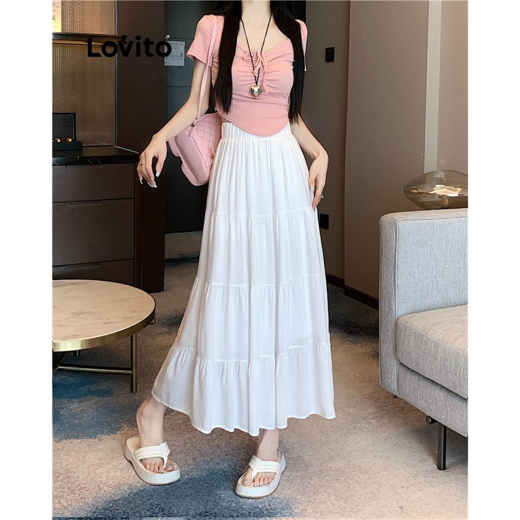 (Hot) Lovito กระโปรงลําลองกระโปรงสายโครงสร้างธรรมดาเดรปสําหรับผู้หญิง LNE59445 (หลากสี) - รูปที่ 3