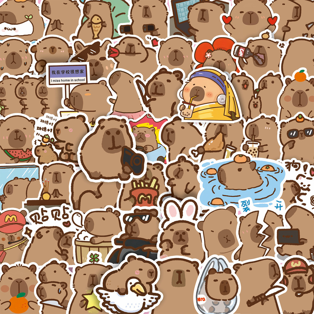 สติ๊กเกอร์คาปิบาร่าสุดน่ารัก - สติ๊กเกอร์กันน้ํา DIY ลายสัตว์ฮอต 100 ชิ้น สําหรับตกแต่งเคสโทรศัพท์