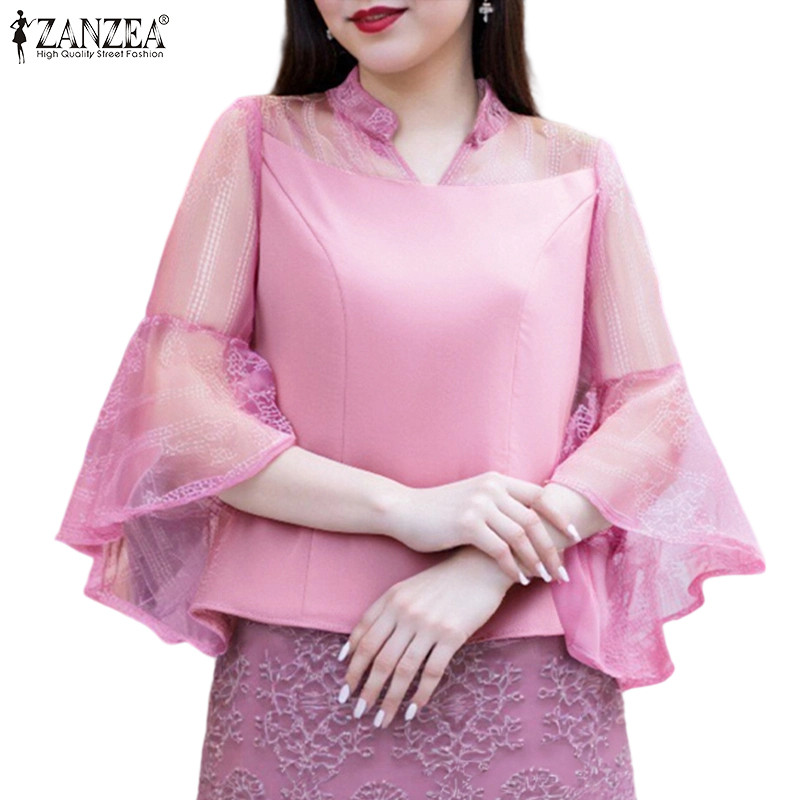 ZANZEA สไตล์เกาหลีหรูหรา ผู้หญิง วิธีใส่ V คอ แขนบาน 3/4 ตาข่ายลูกไม้โครเชต์ — صورة 7