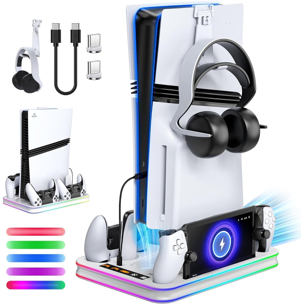 All in One Cooling Stand & Charger Station สําหรับ PS5/Slim/Pro Console และแท่นชาร์จแท่นชาร์จแท่นชาร์จสําหรับ PlayStation Portal, ชุดหูฟังและที่วางรีโมท