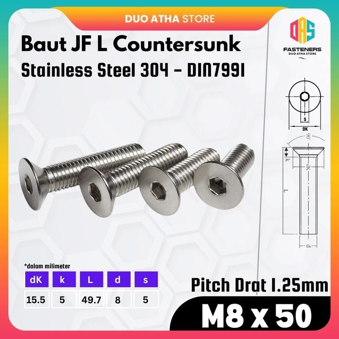 M8x50 Bolt JF L M8 x 50 Stainless / Bolt Verseng M8 x 50 Stainless / Countersunk M8 x 50 Stainless S