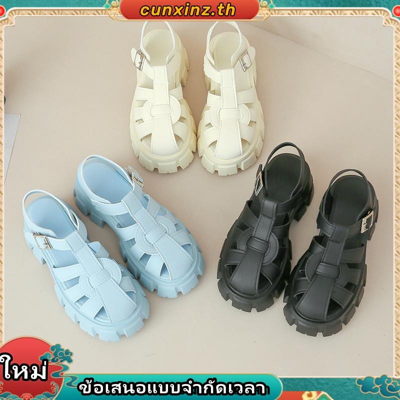 dee_dee_shop พร้อมส่งจากไทย NEW  TX485 รองเท้าแตะรัดส้น ส้นตึก7cm แต่งรู✅สายปรับได้ ใส่แล้วสวย แนวเก