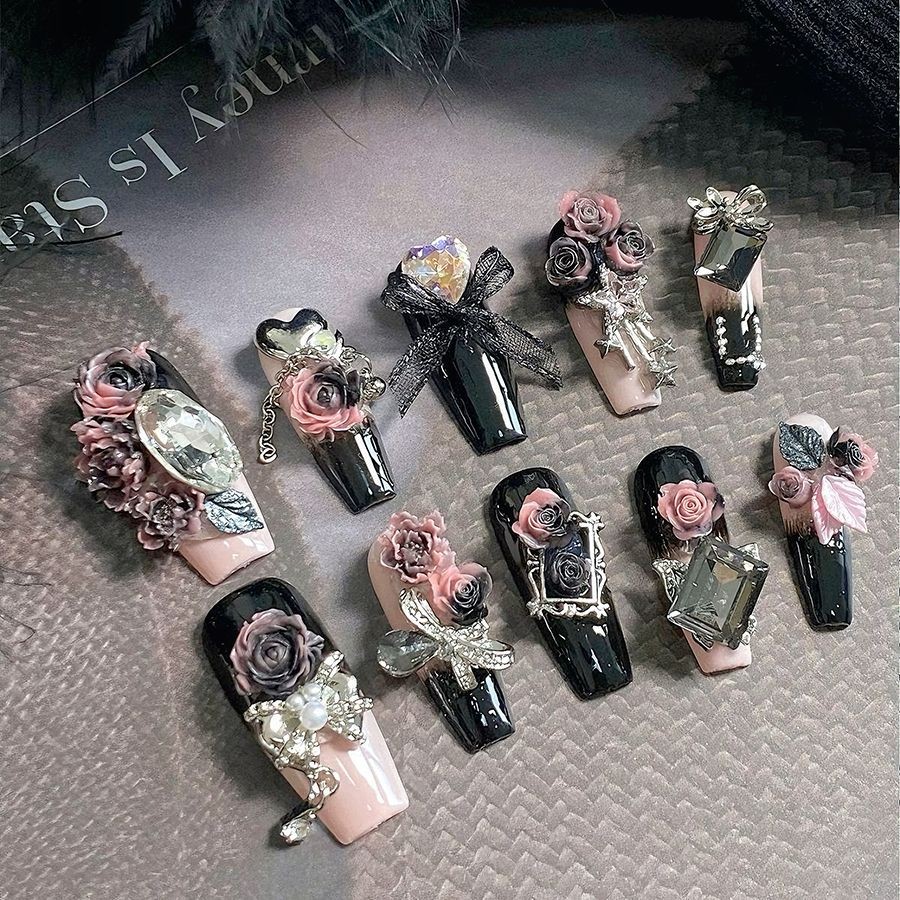 原创美甲高级重工新款粉墨玫瑰蝴蝶结手工穿戴甲满钻雕花定制Original Nail Art Advanced Heavy Industry New Pink Ink Rose Butterfly202