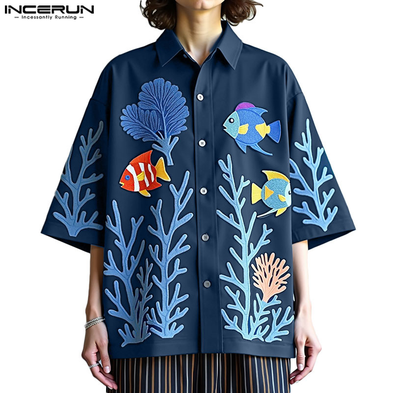 INCERUN Men Korean Trending Mens Set Lapel Underwater World Print Shirts