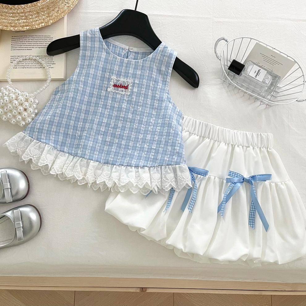 G299 (ขนาด 90-150) ชุดเซ็ทเสื้อฟ้า และกางเกงสีขาวทรงบอลลูนตกแต่งโบว์