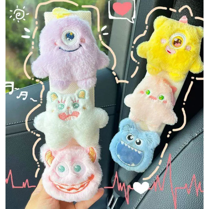 UTUONY ที่ป้องกันไหล่เข็มขัดนิรภัยรถยนต์ ตกแต่งภายในรถยนต์ ตุ๊กตามอนสเตอร์ตัวน้อยน่ารัก การ์ตูน
