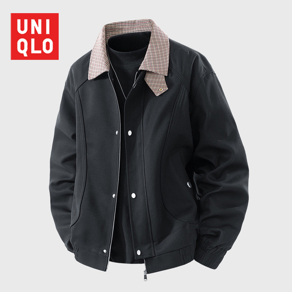 UNIQLO 2025 ฤดูใบไม้ผลิและฤดูใบไม้ร่วงใหม่ Retro Collar เสื้อแจ็คเก็ตผู้ชายหลวมปลอมสองชิ้นเสื้อแจ็คเก็ต Workwear