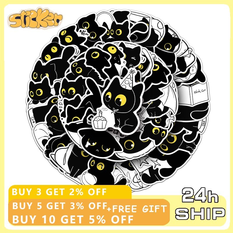 50PCS สัตว์น่ารักแมวดําสติกเกอร์ตกแต่งตู้เย็นกระเป๋าเดินทางแล็ปท็อปการ์ตูน Decals ของเล่นเด็ก
